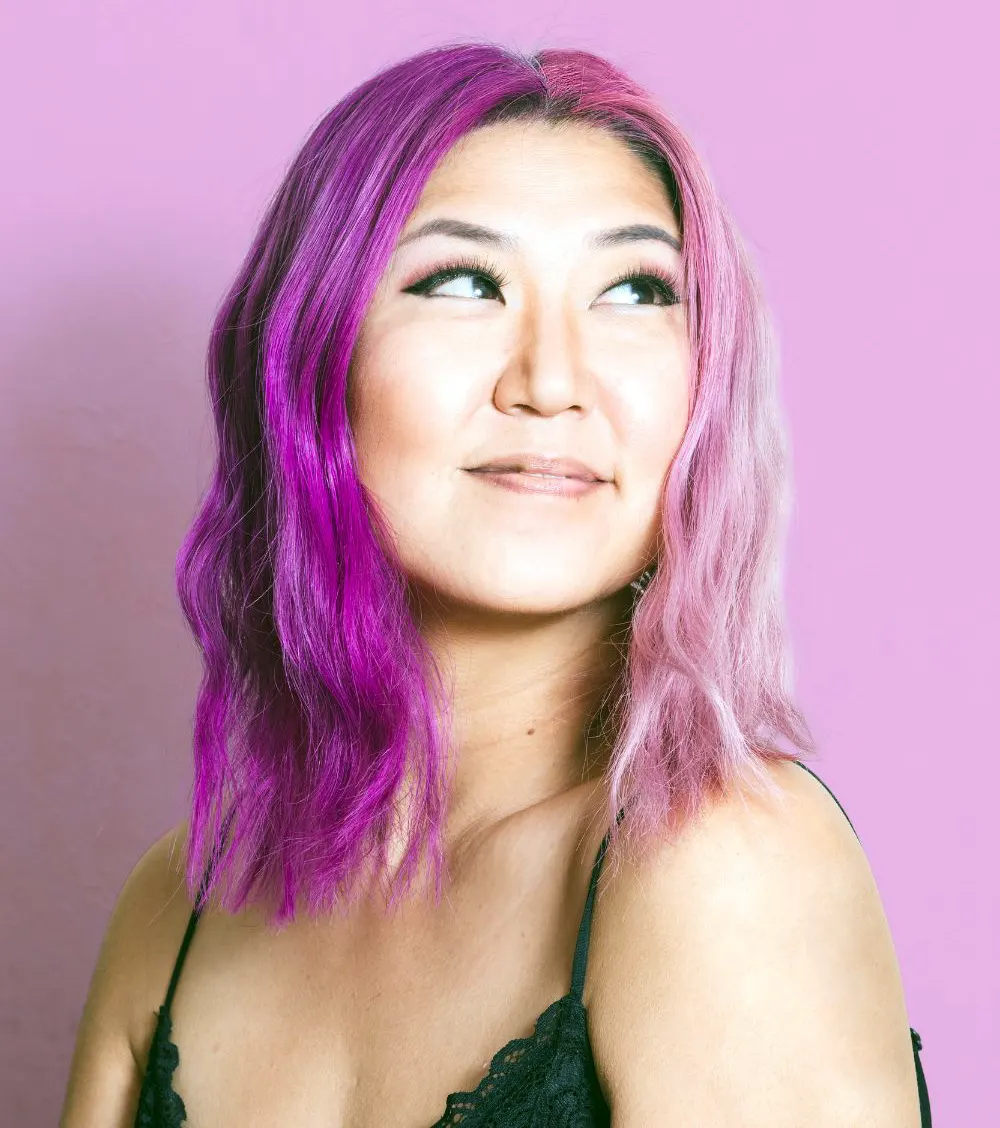 Lady wearing purple hair