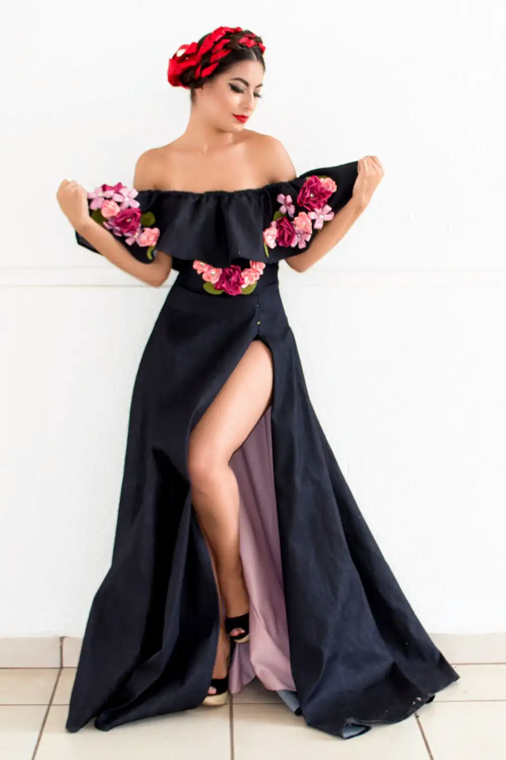 Woman Wearing Black Floral Off-shoulder Single-slit Dress