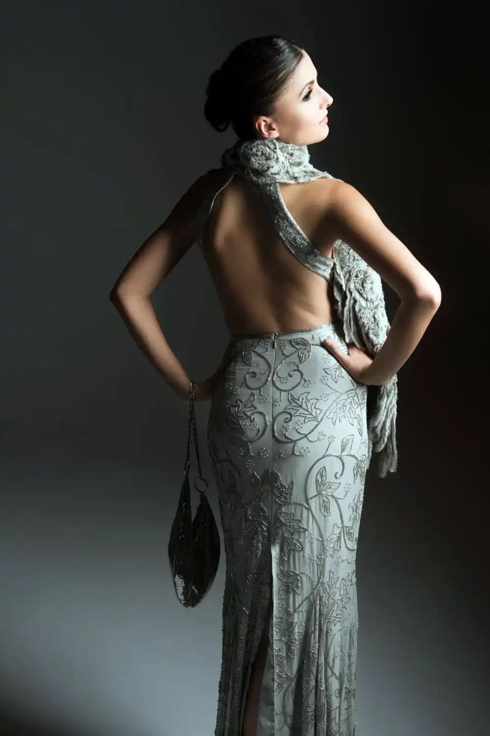woman in backless dress
